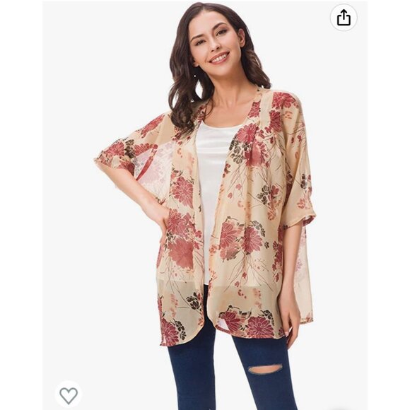 🌸3/$15🌸Beige Floral Sheer Short Sleeve Kimono with Dusty Roses sz Large - Picture 2 of 5